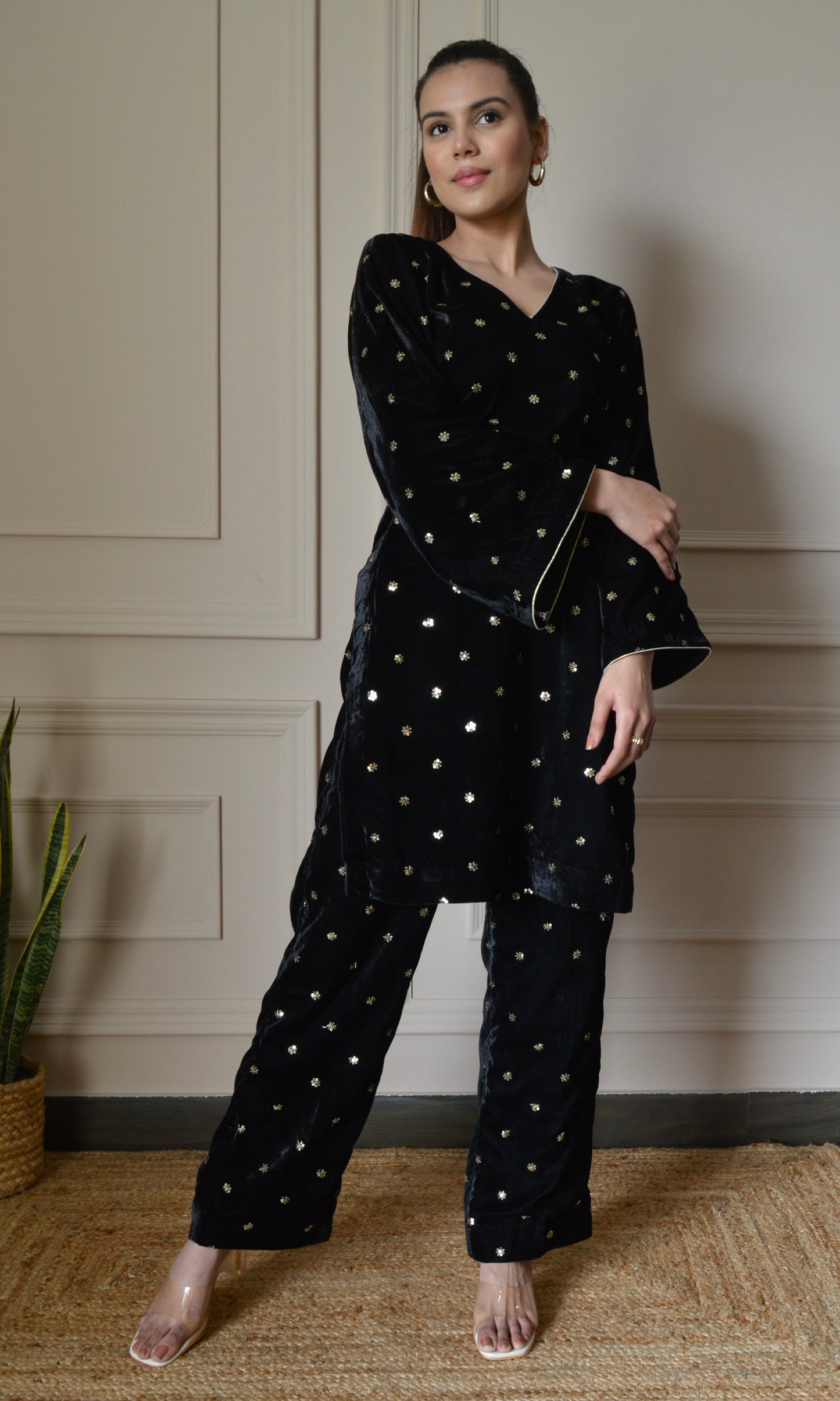 Black Velvet Co-ord Set with Gold Sequin Embroidery and Bell Sleeves