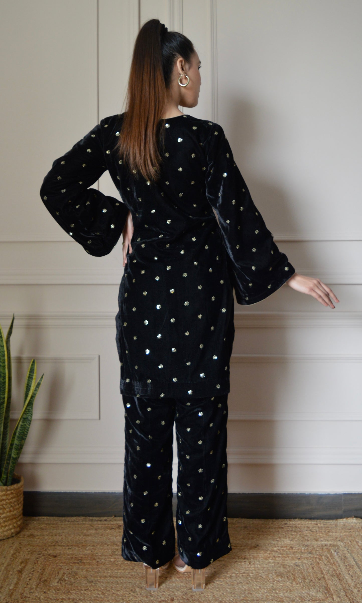 Black Velvet Co-ord Set with Gold Sequin Embroidery and Bell Sleeves