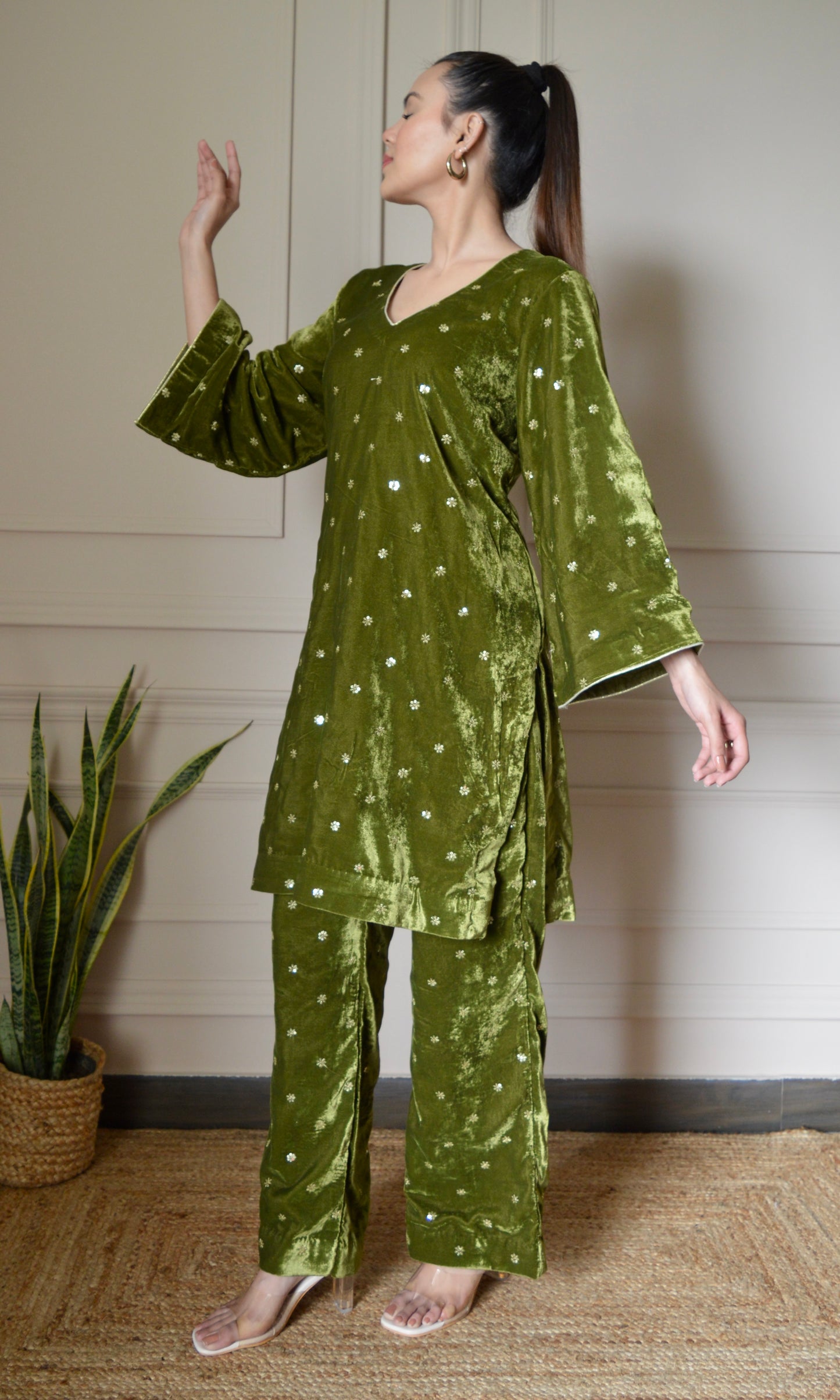 Green Velvet Co-ord Set with Gold Sequin Embroidery and Bell Sleeves
