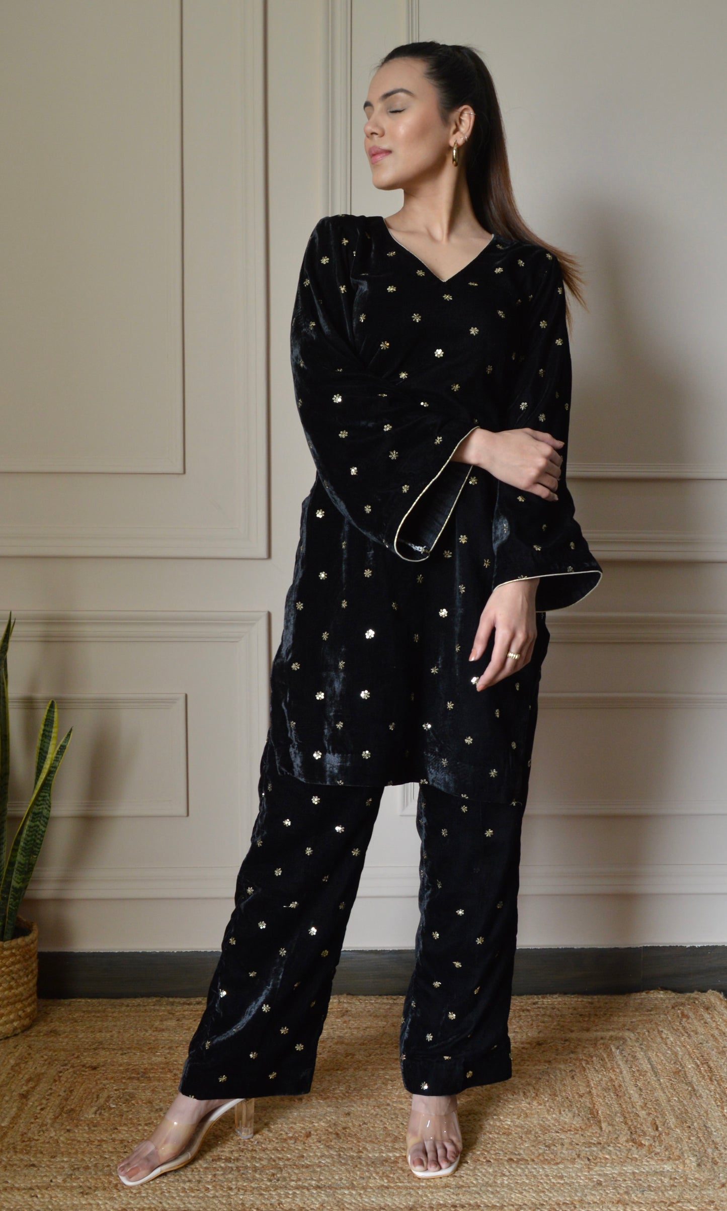 Black Velvet Co-ord Set with Gold Sequin Embroidery and Bell Sleeves