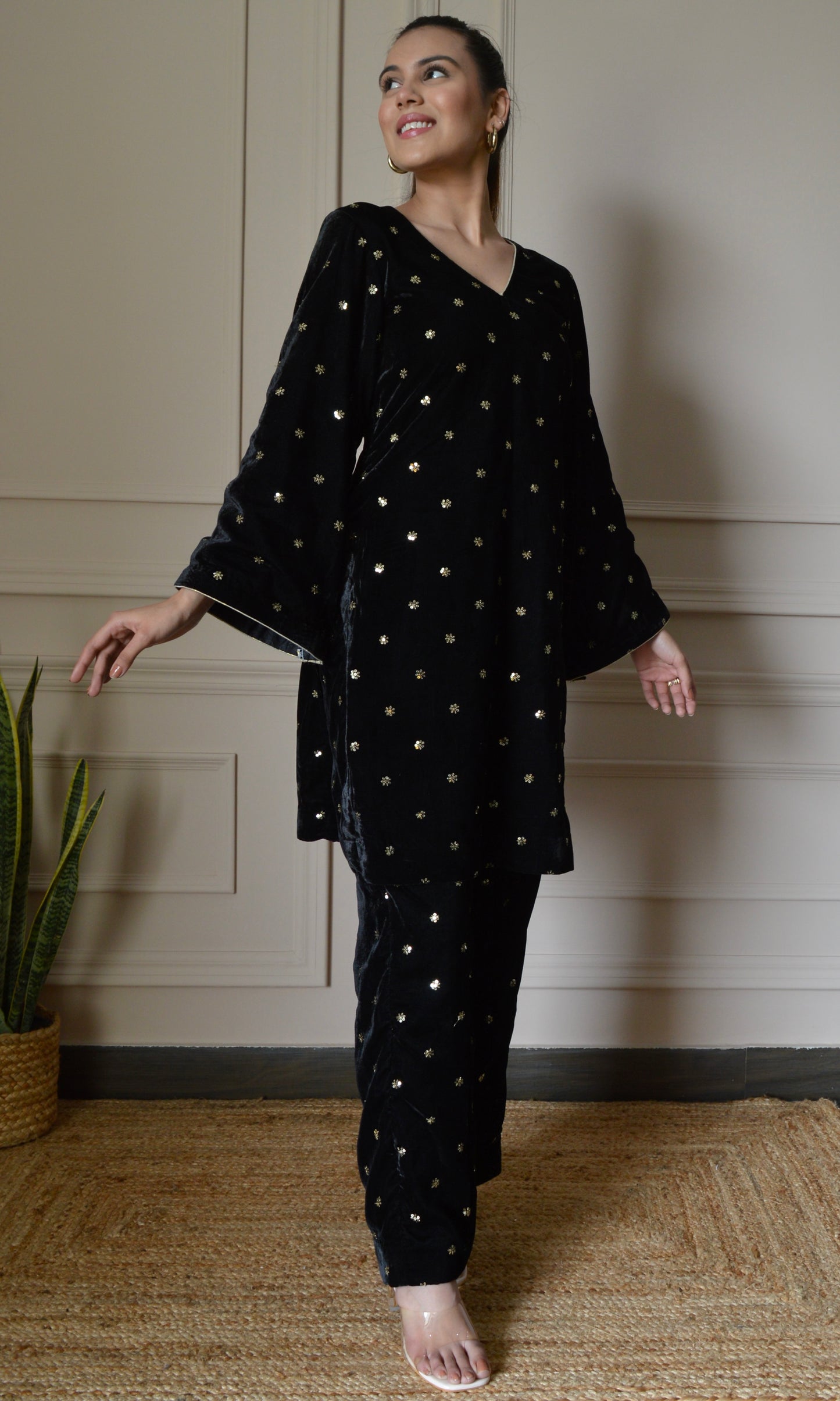 Black Velvet Co-ord Set with Gold Sequin Embroidery and Bell Sleeves