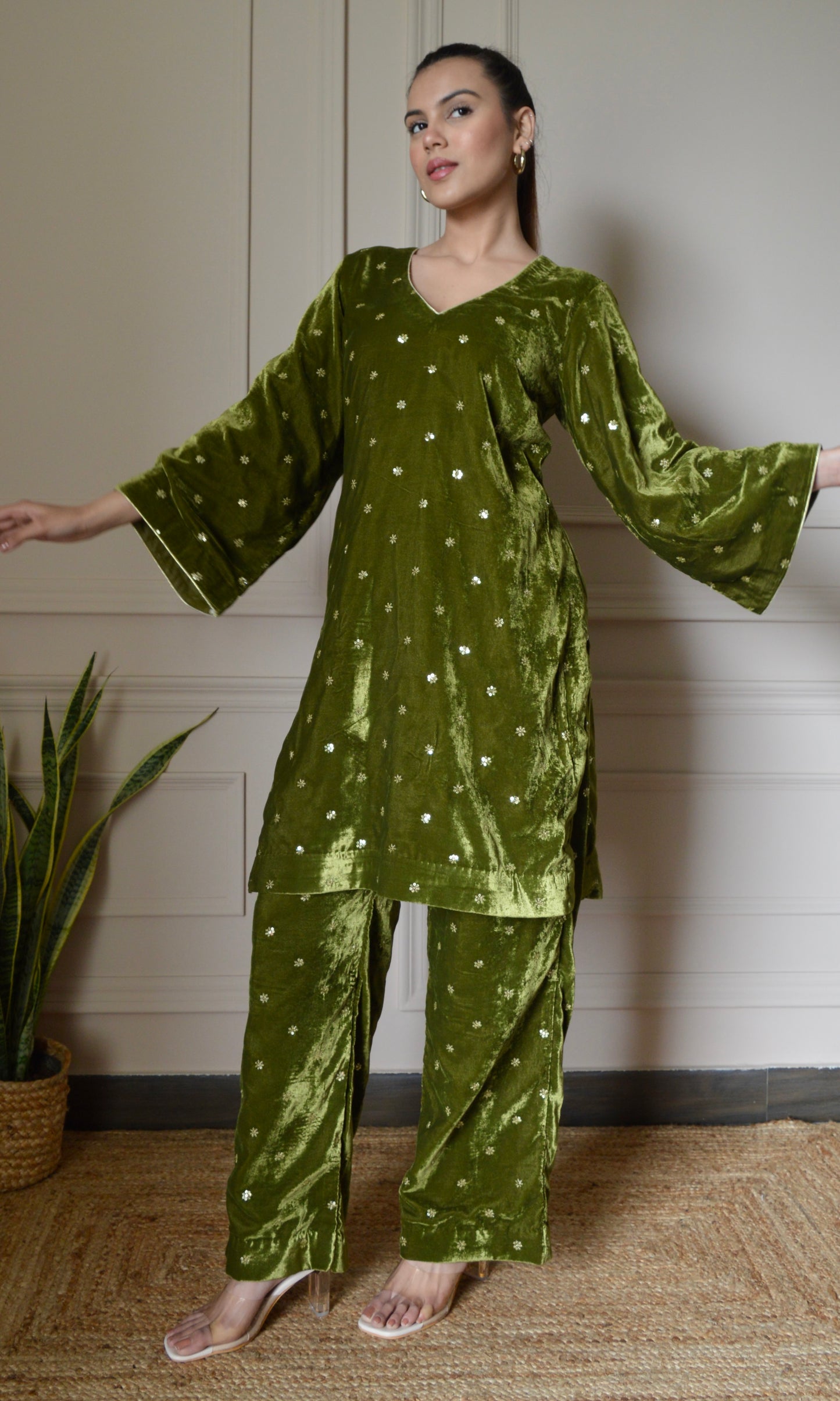 Green Velvet Co-ord Set with Gold Sequin Embroidery and Bell Sleeves