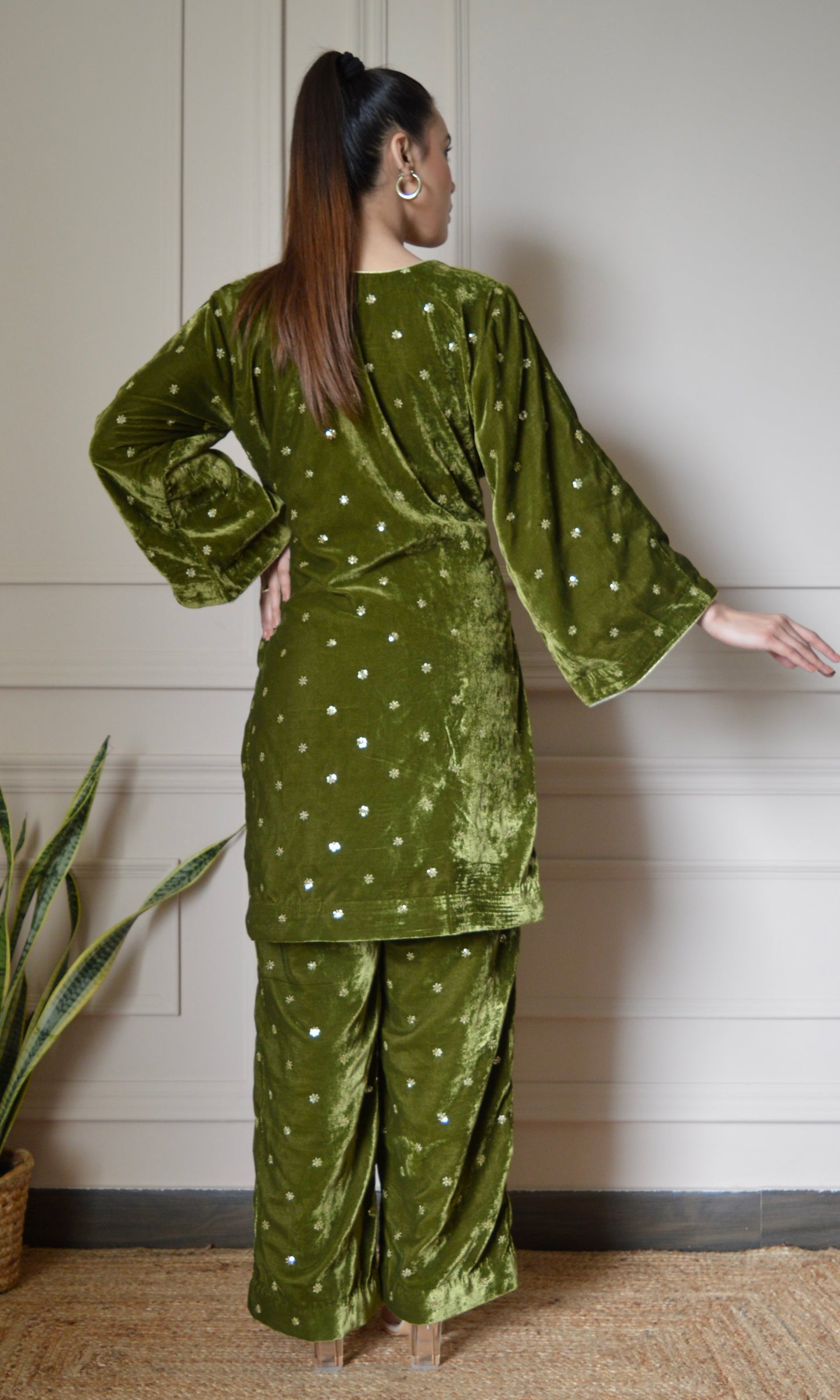 Green Velvet Co-ord Set with Gold Sequin Embroidery and Bell Sleeves