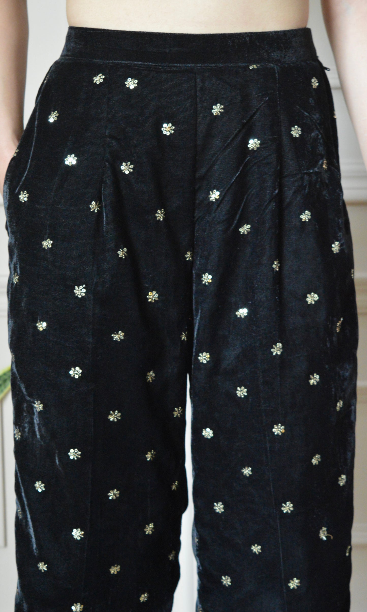 Black Velvet Co-ord Set with Gold Sequin Embroidery and Bell Sleeves