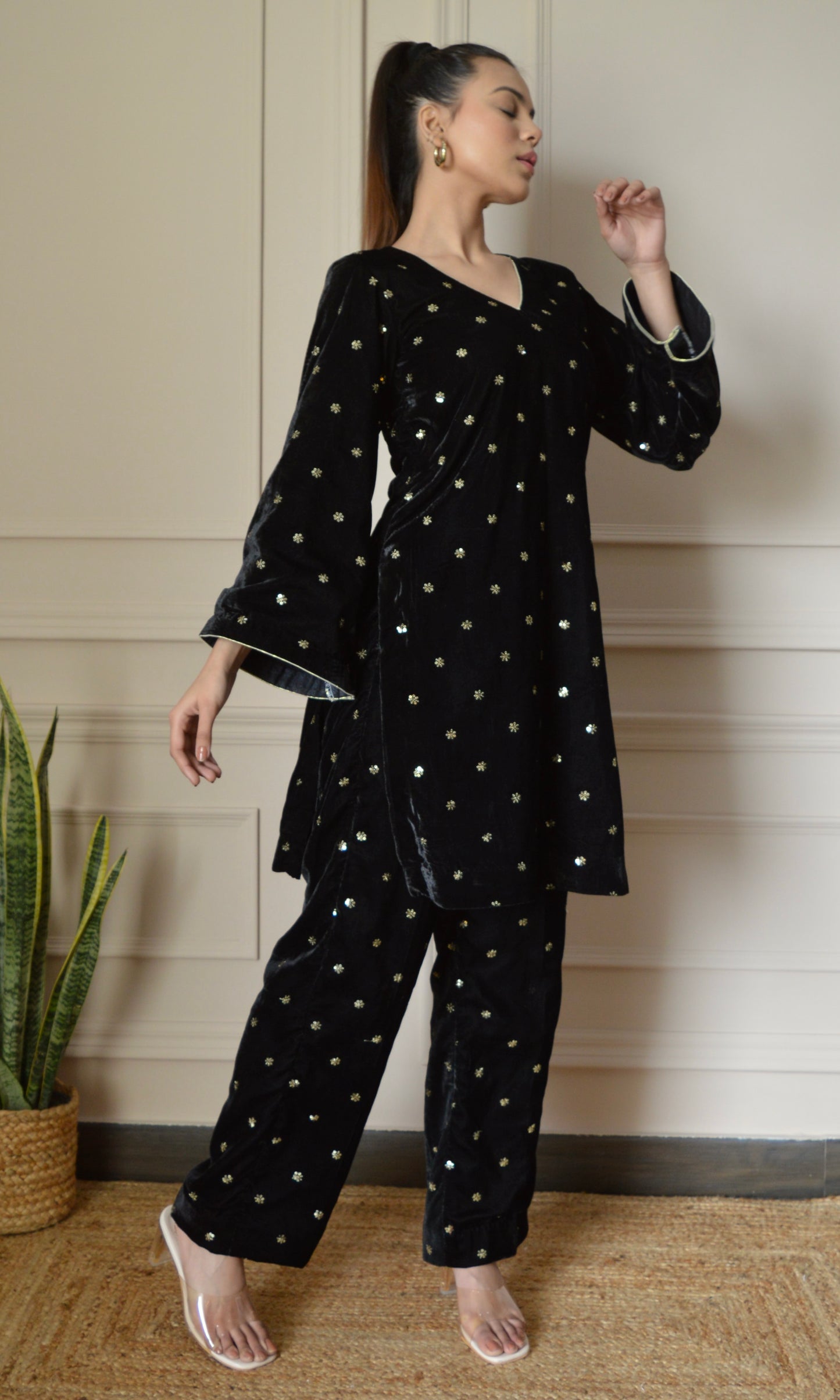 Black Velvet Co-ord Set with Gold Sequin Embroidery and Bell Sleeves
