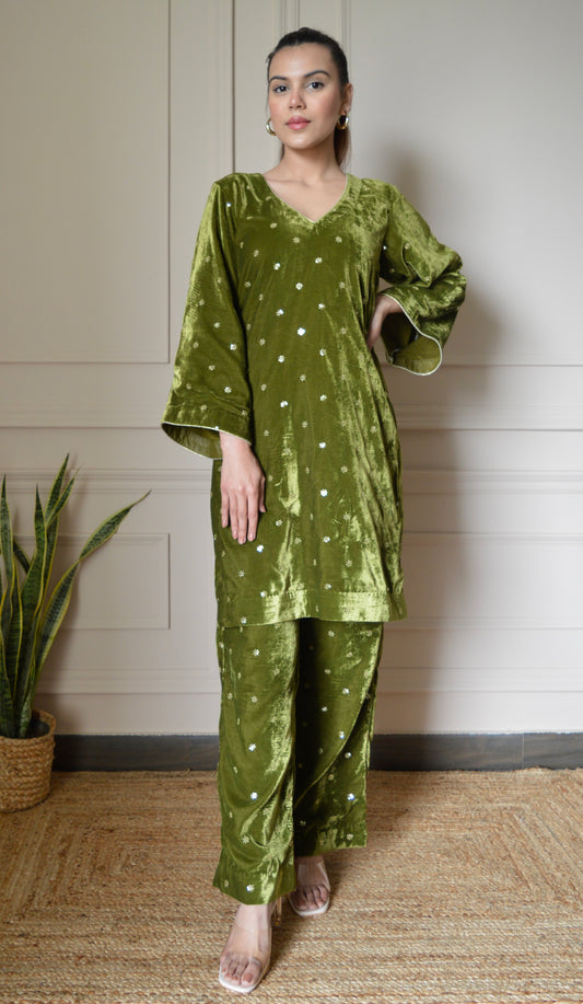 Green Velvet Co-ord Set with Gold Sequin Embroidery and Bell Sleeves