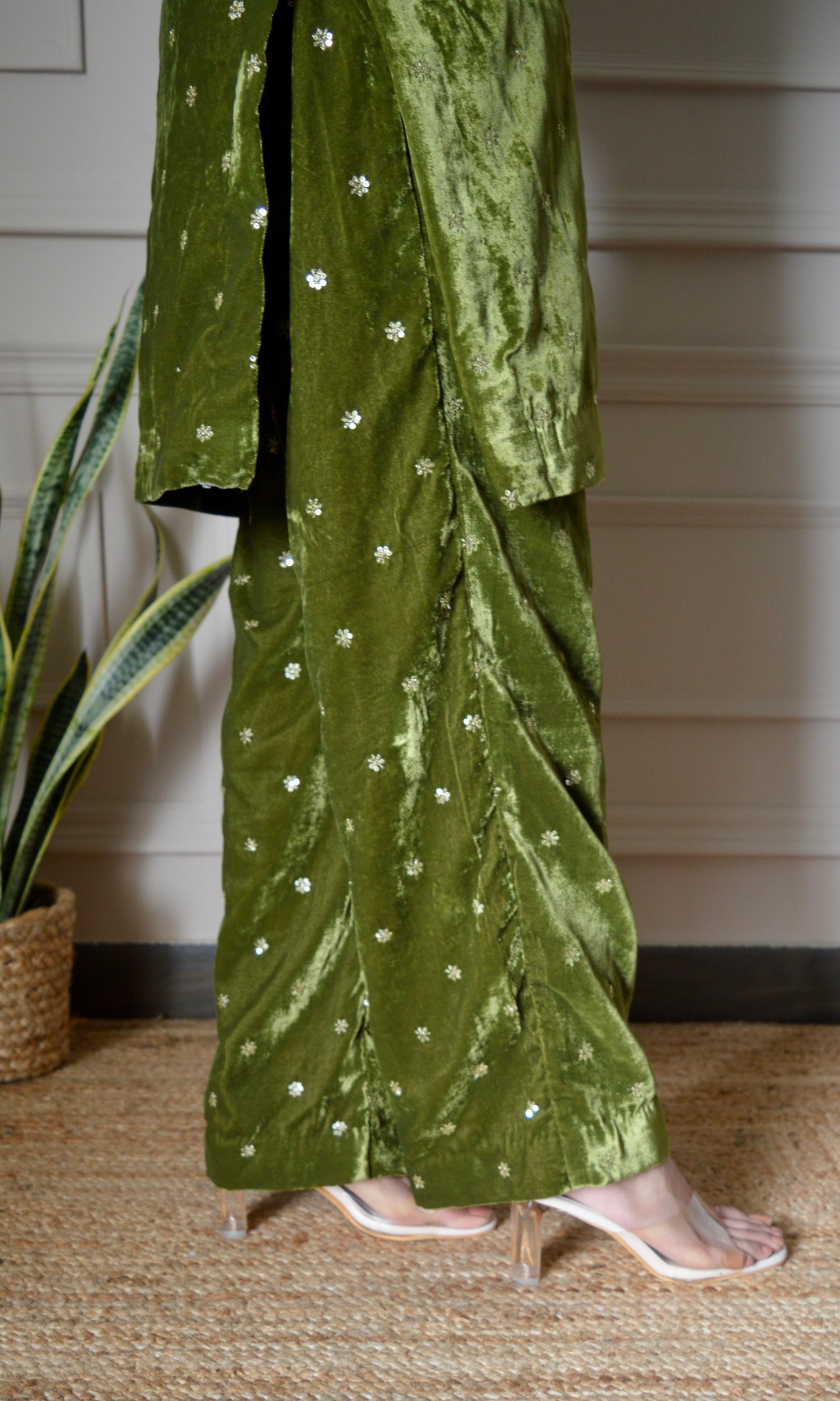 Green Velvet Co-ord Set with Gold Sequin Embroidery and Bell Sleeves