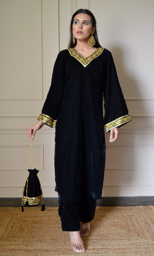 Black Velvet Kurta Set with Golden Lace V-Neckline and Bell Sleeves