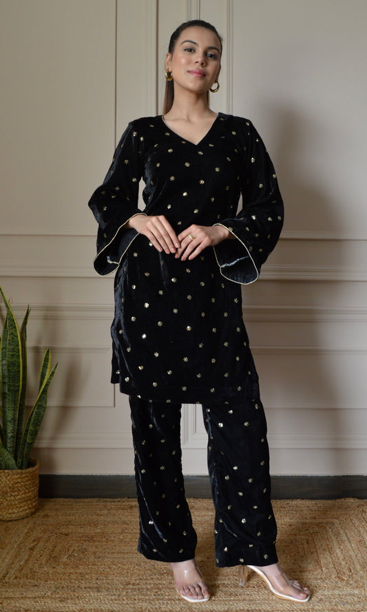 Black Velvet Co-ord Set with Gold Sequin Embroidery and Bell Sleeves
