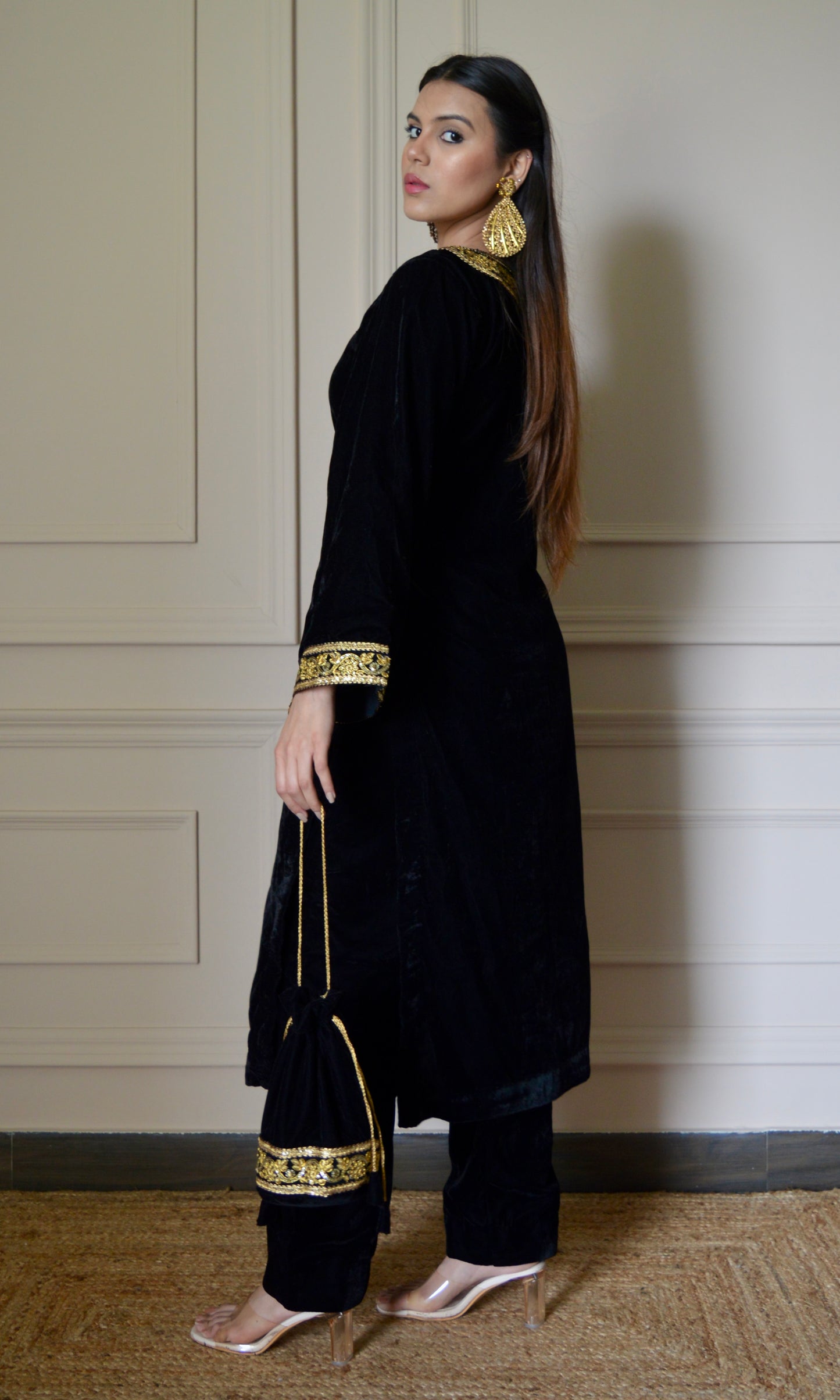 Black Velvet Kurta Set with Golden Lace V-Neckline and Bell Sleeves
