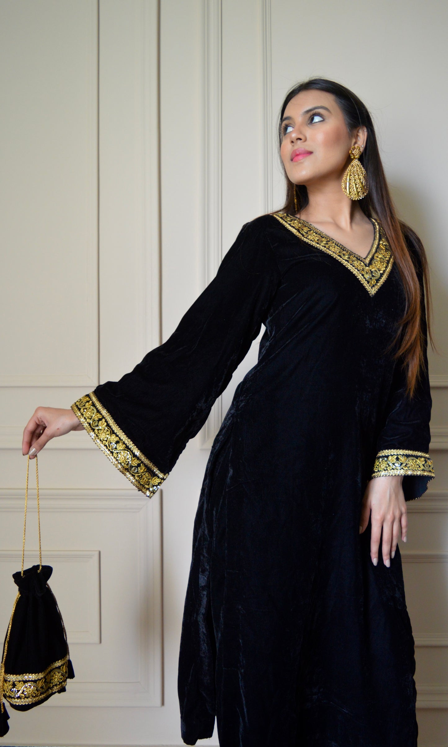 Black Velvet Kurta Set with Golden Lace V-Neckline and Bell Sleeves