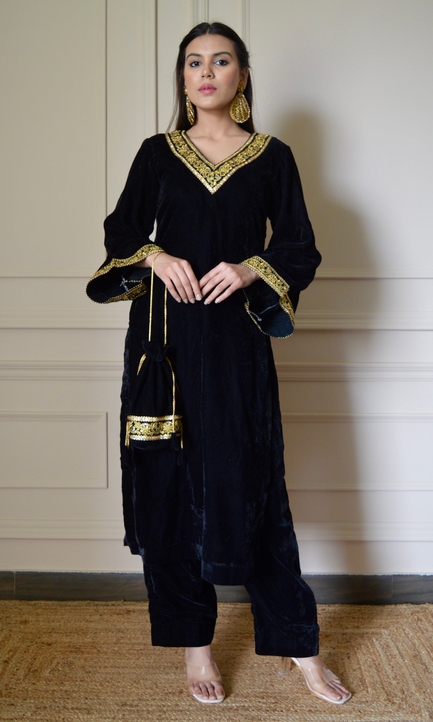 Black Velvet Kurta Set with Golden Lace V-Neckline and Bell Sleeves