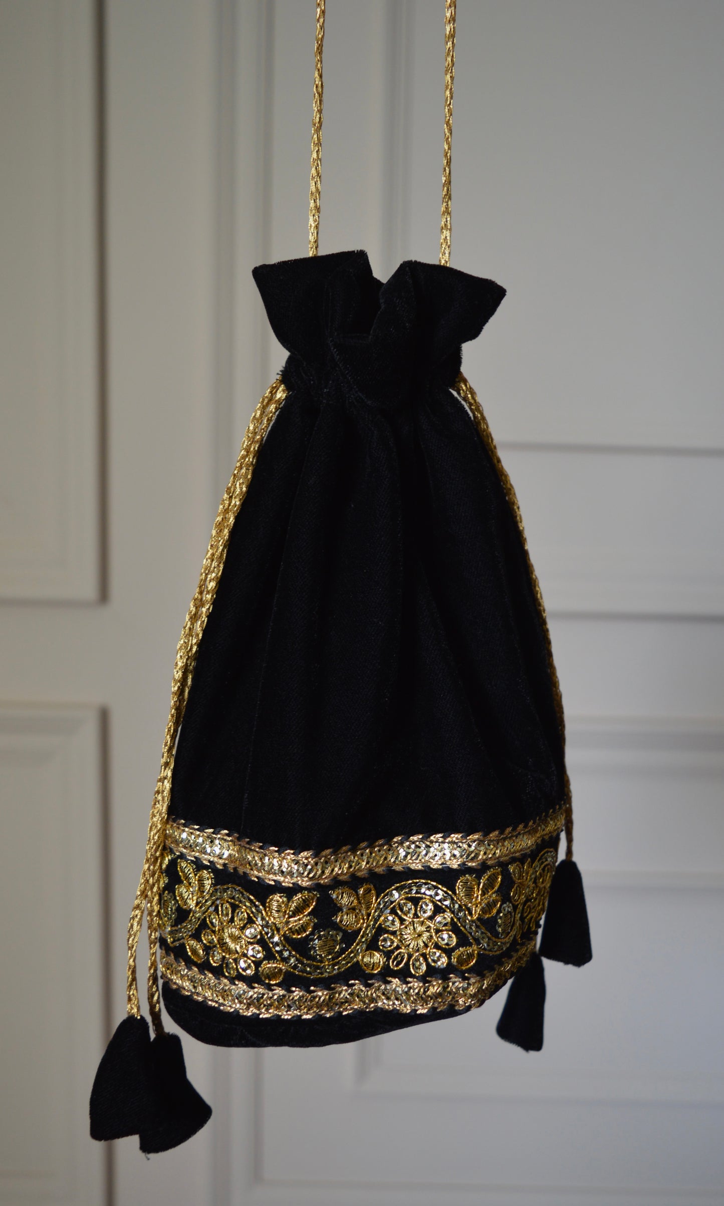 Black Velvet Kurta Set with Golden Lace V-Neckline and Bell Sleeves