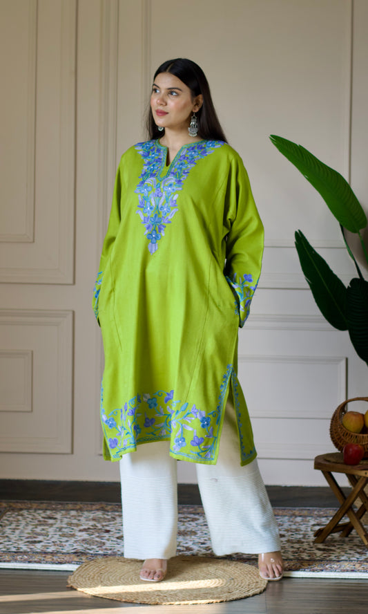 Lime Bloom Blue Aari Embroidered Fine Cashmilon Pheran