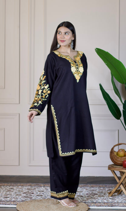 Black Kashmiri Aari Woollen Co-ord Set - Golden Dawn