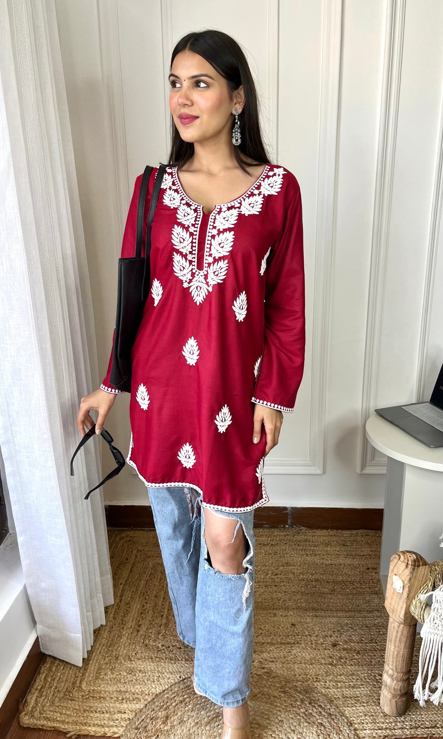 Maroon Red Chikankari Short Kurta