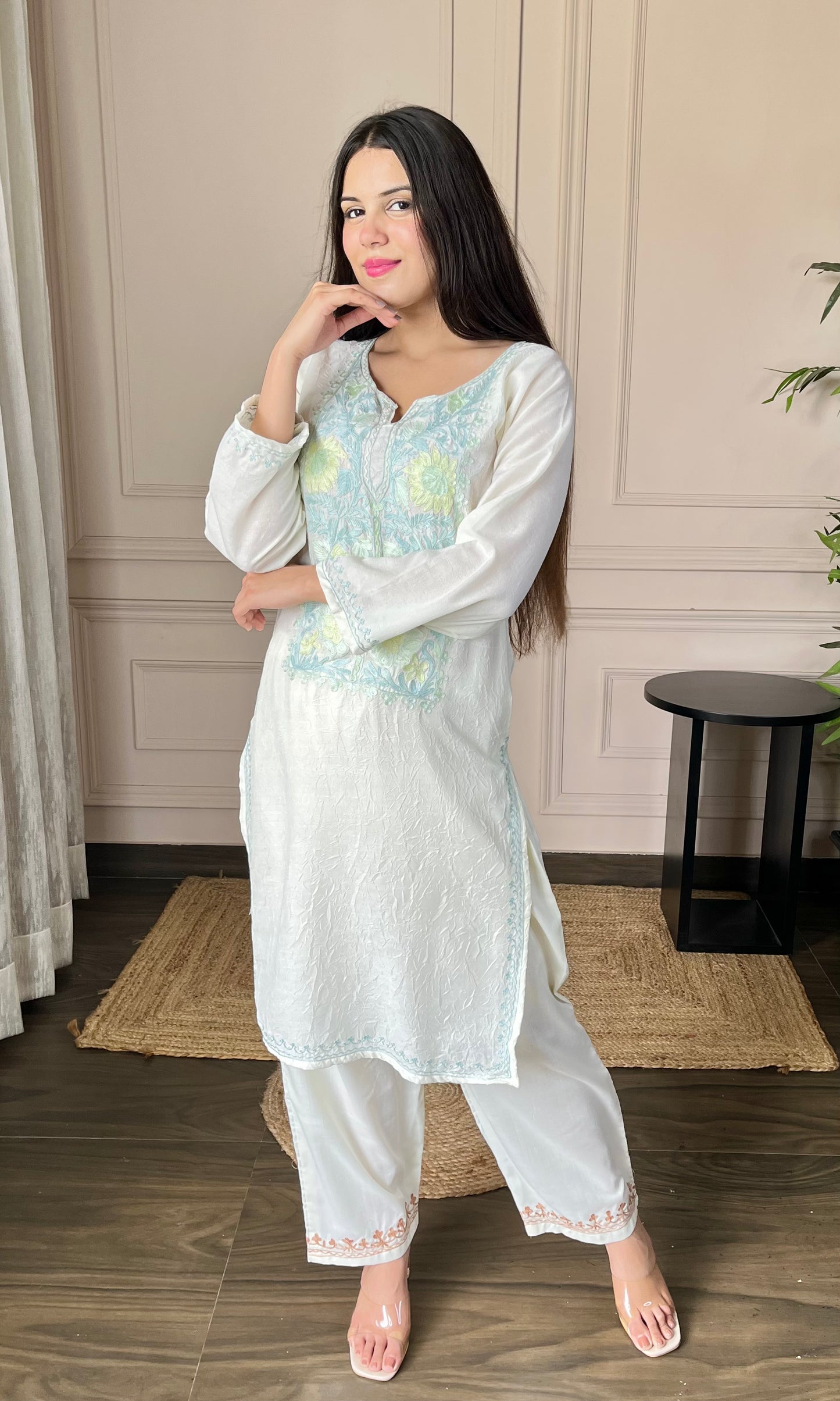 Summer Breeze Aari Embroidered White Crushed Cotton Kurti