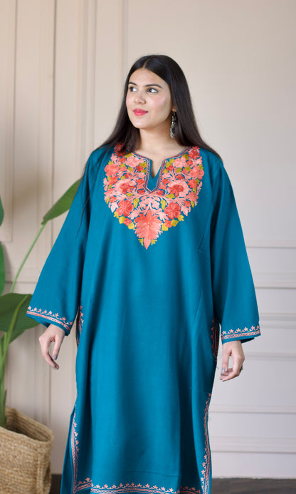 Sea Green Blossom Aari Embroidered Fine Cashmilon Pheran