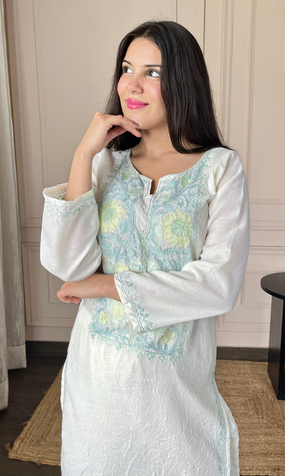 Summer Breeze Aari Embroidered White Crushed Cotton Kurti