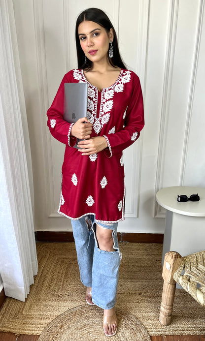 Maroon Red Chikankari Short Kurta