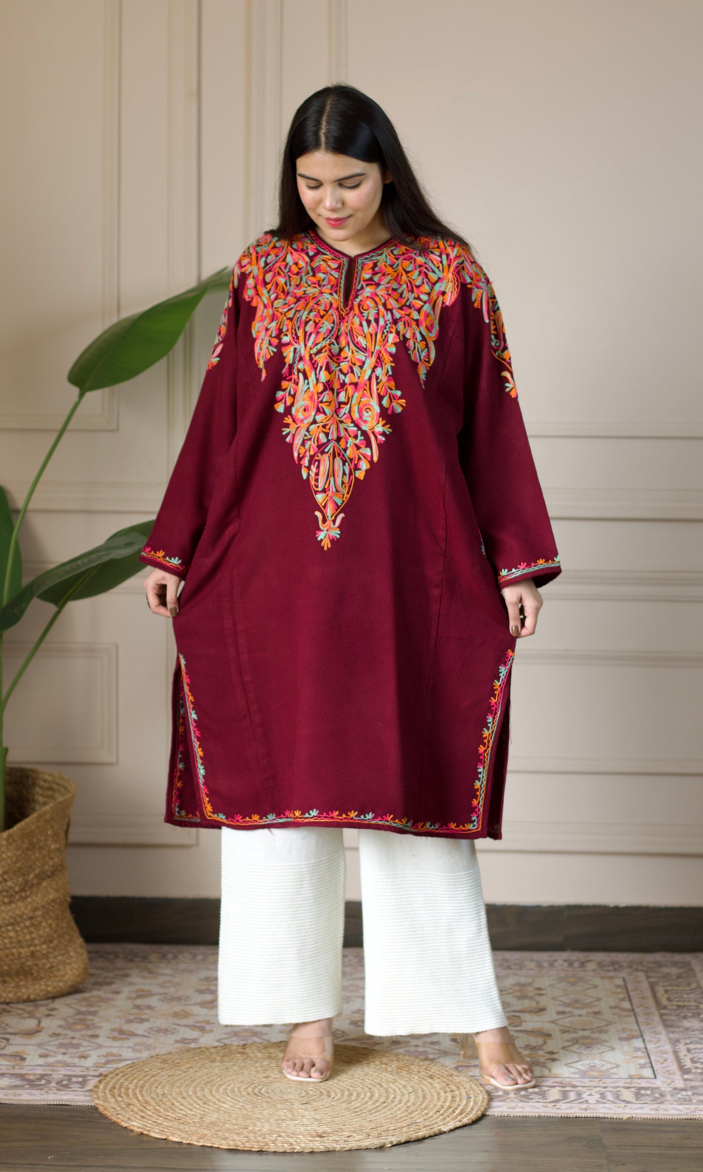 Deep Wine Multi Bloom Aari Embroidered Fine Cashmilon Pheran