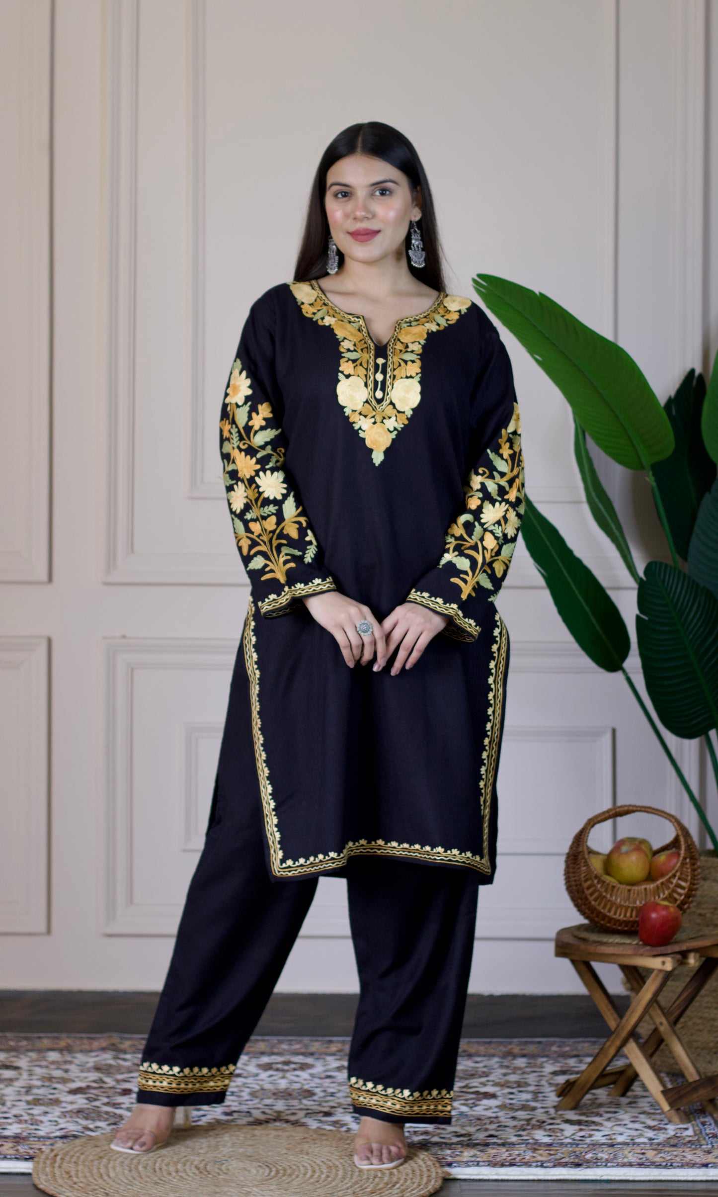 Black Kashmiri Aari Woollen Co-ord Set - Golden Dawn