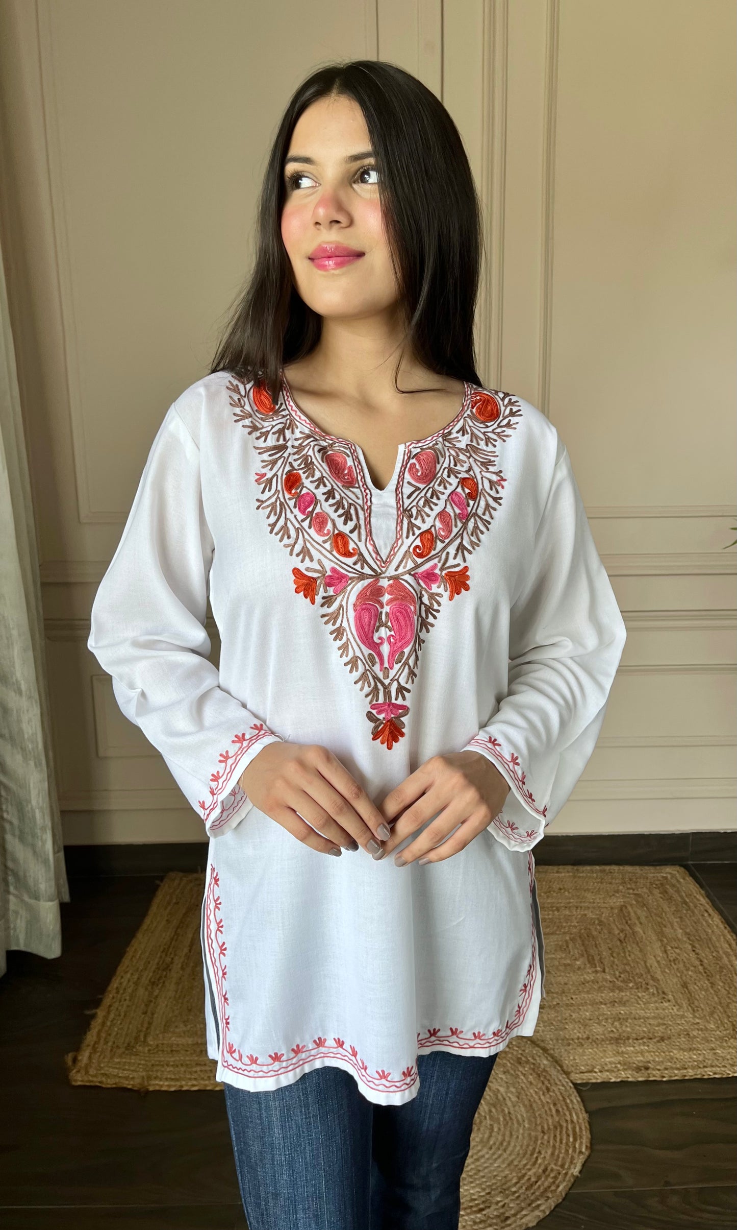 Multicolor Aari Embroidered White Short Kurti