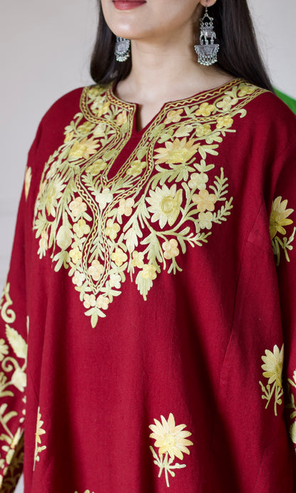 Maroon Aari Embroidered Wool Pheran