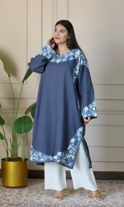 Grey Aari Embroidered Wool Pheran