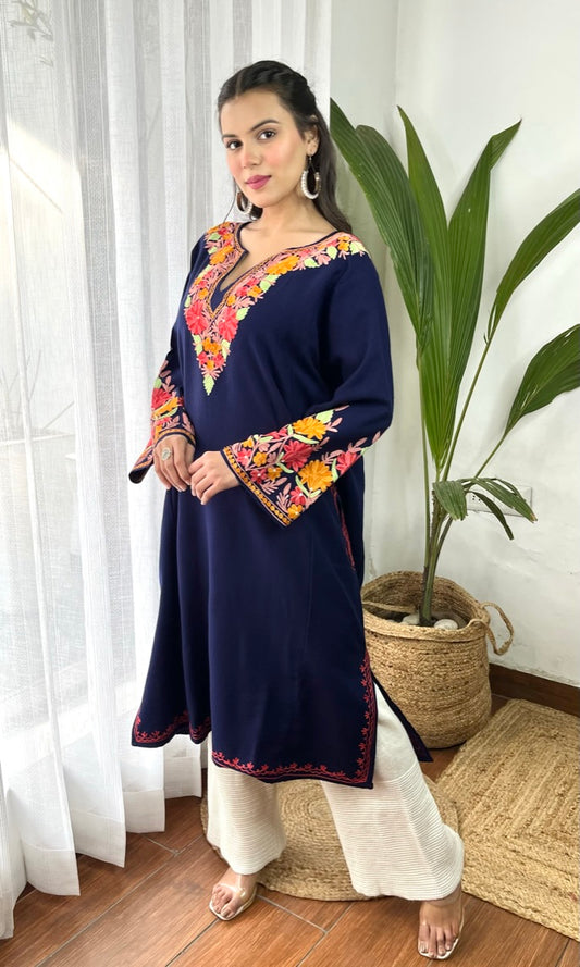 Navy Blue Bliss with Pink Aari Embroidered Fine Cashmilon Pheran