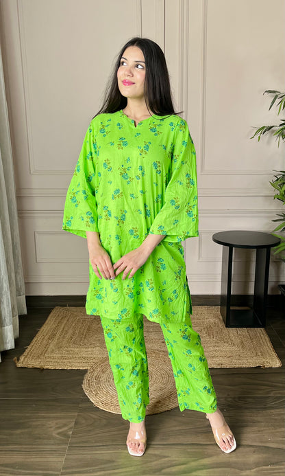 Neon Green Relaxed Fit Cotton Co-ord Set with Bell Sleeves