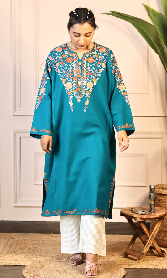 Deep Sea Aari Embroidered Fine Cashmilon Pheran