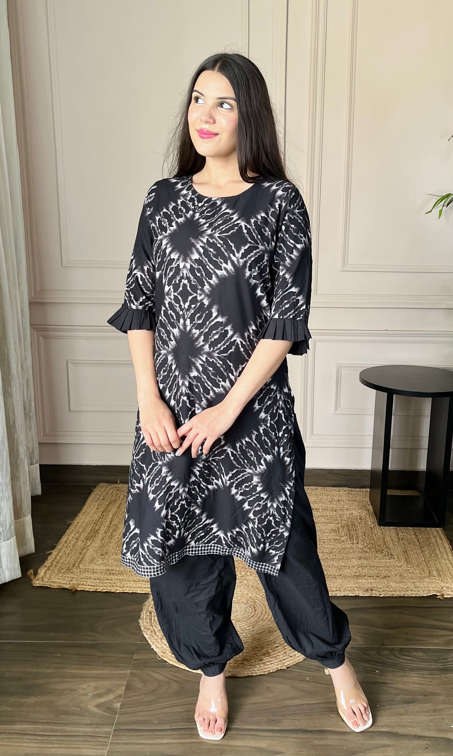 Black Printed Kurti with Afgani Salwar Set