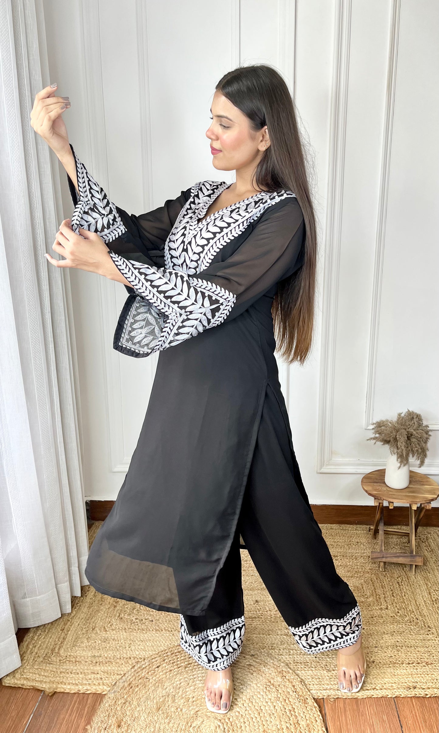 Embroidered Black Georgette Kurta-Pant & Dupatta Set