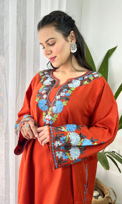 Rustic Charm Blue Aari Embroidered Fine Cashmilon Pheran