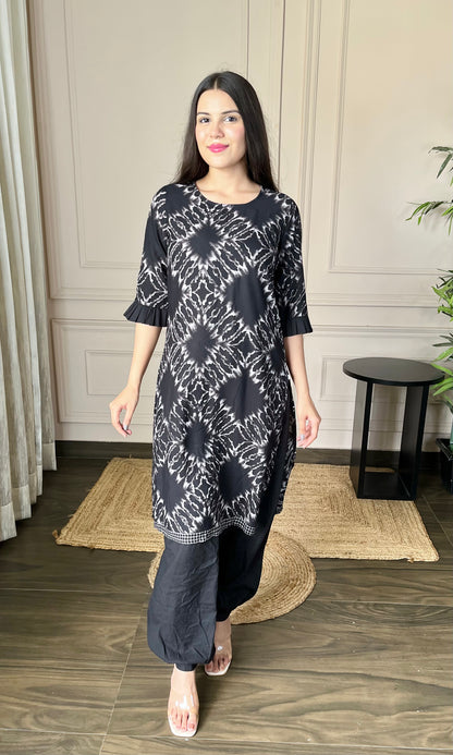 Black Printed Kurti with Afgani Salwar Set