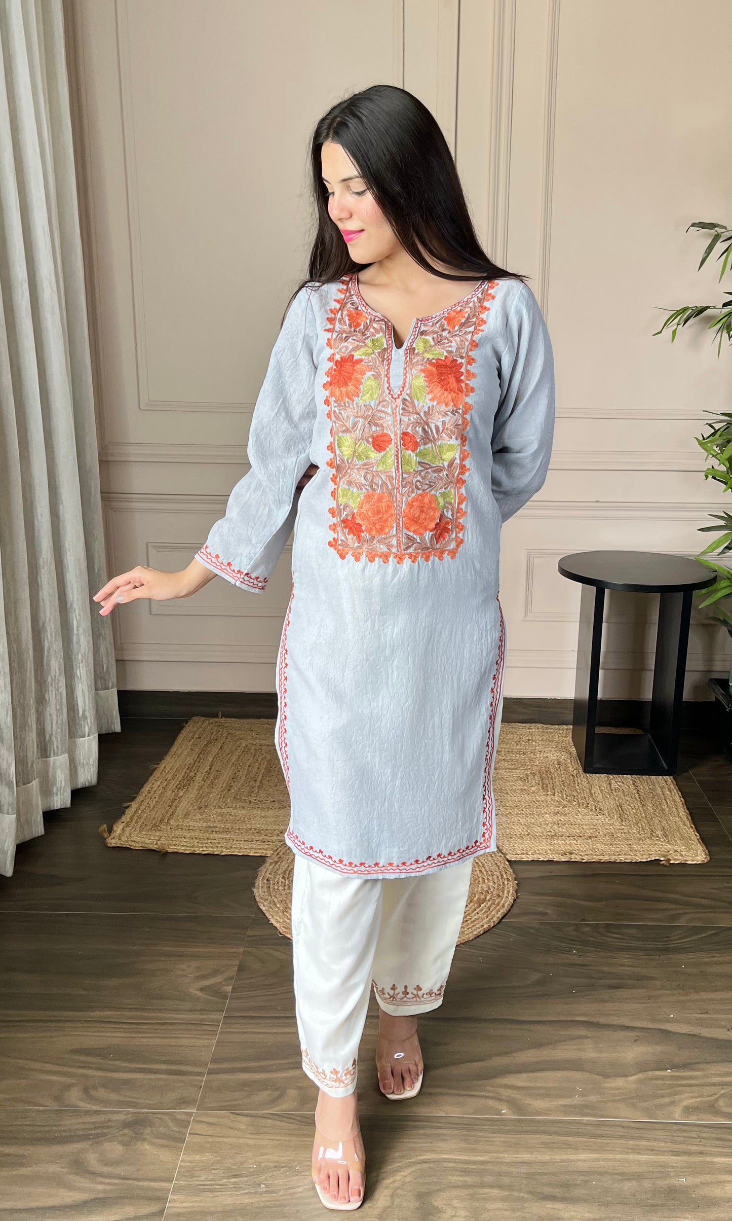 Grey Aari Embroidered Crushed Cotton Kurti