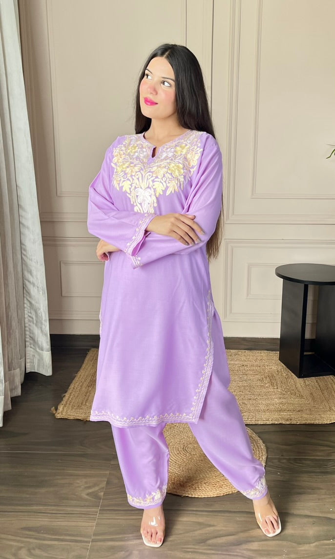 Lilac Aari Embroidered Cotton Co-ord Set