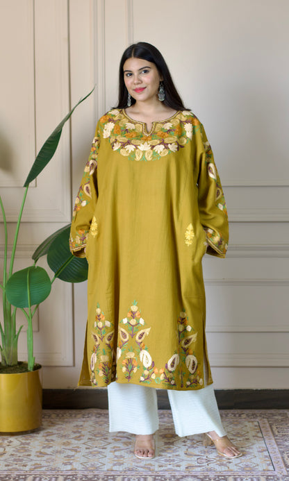 Mustard Aari Embroidered Wool Pheran