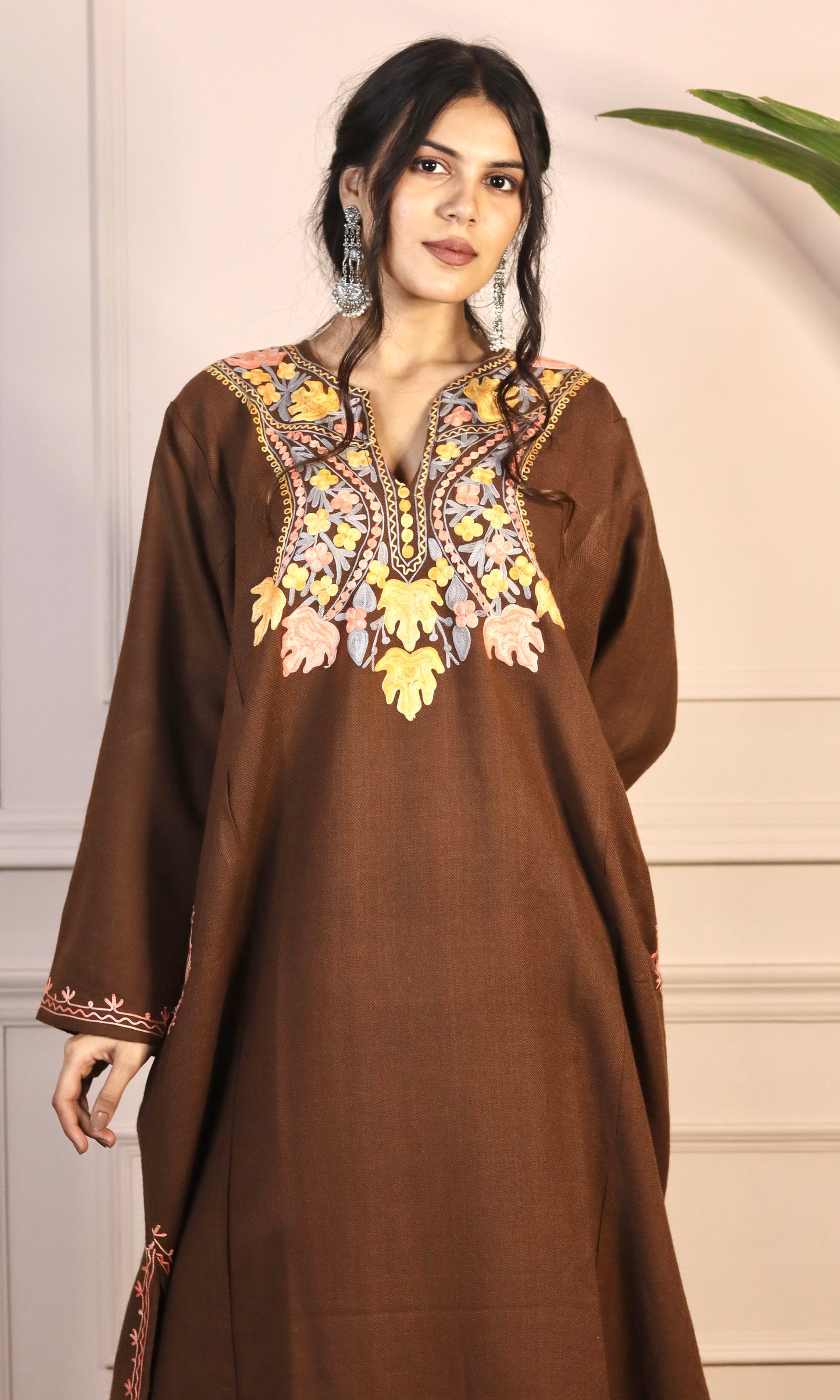 Chocolate Brown Aari Embroidered Fine Cashmilon Pheran