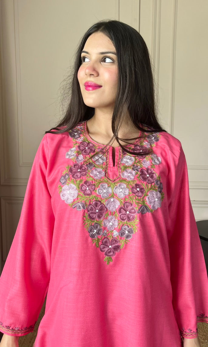 Hot Pink Aari Embroidered Cotton Co-ord Set