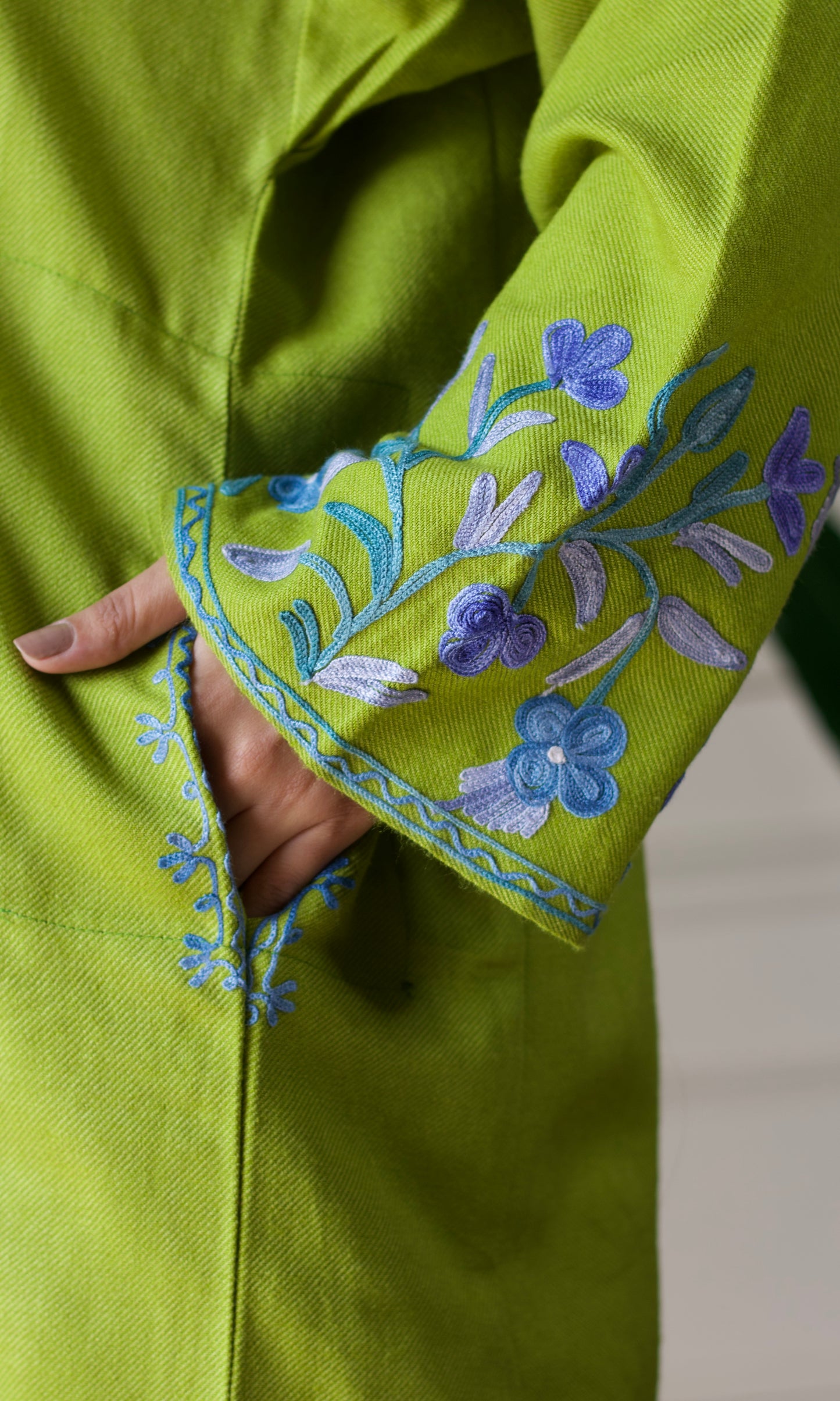 Lime Bloom Blue Aari Embroidered Fine Cashmilon Pheran