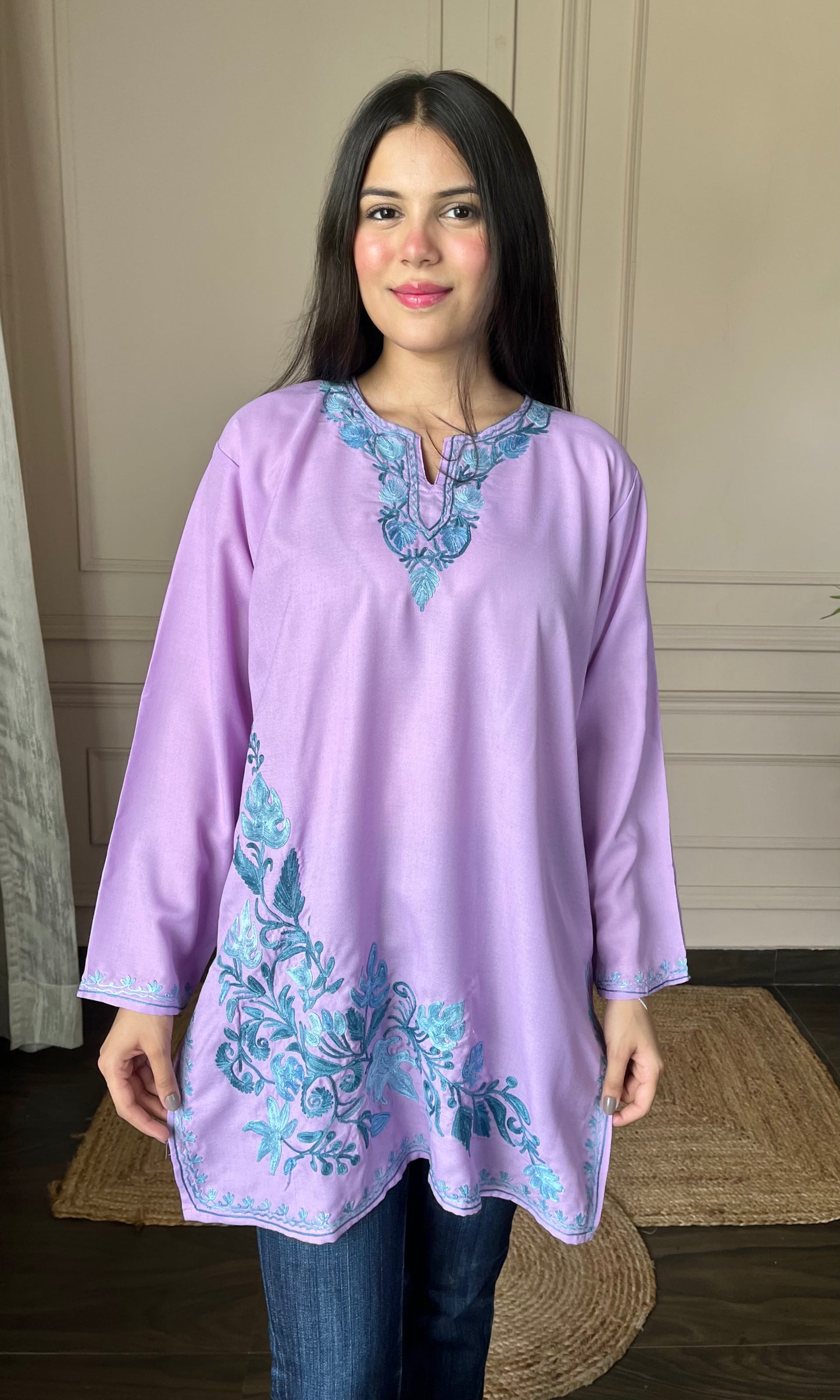 Blue Bliss Aari Embroidered Pink Short Kurti