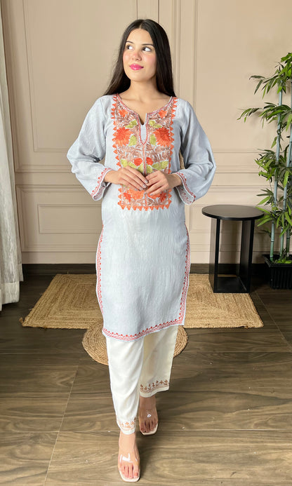 Grey Aari Embroidered Crushed Cotton Kurti