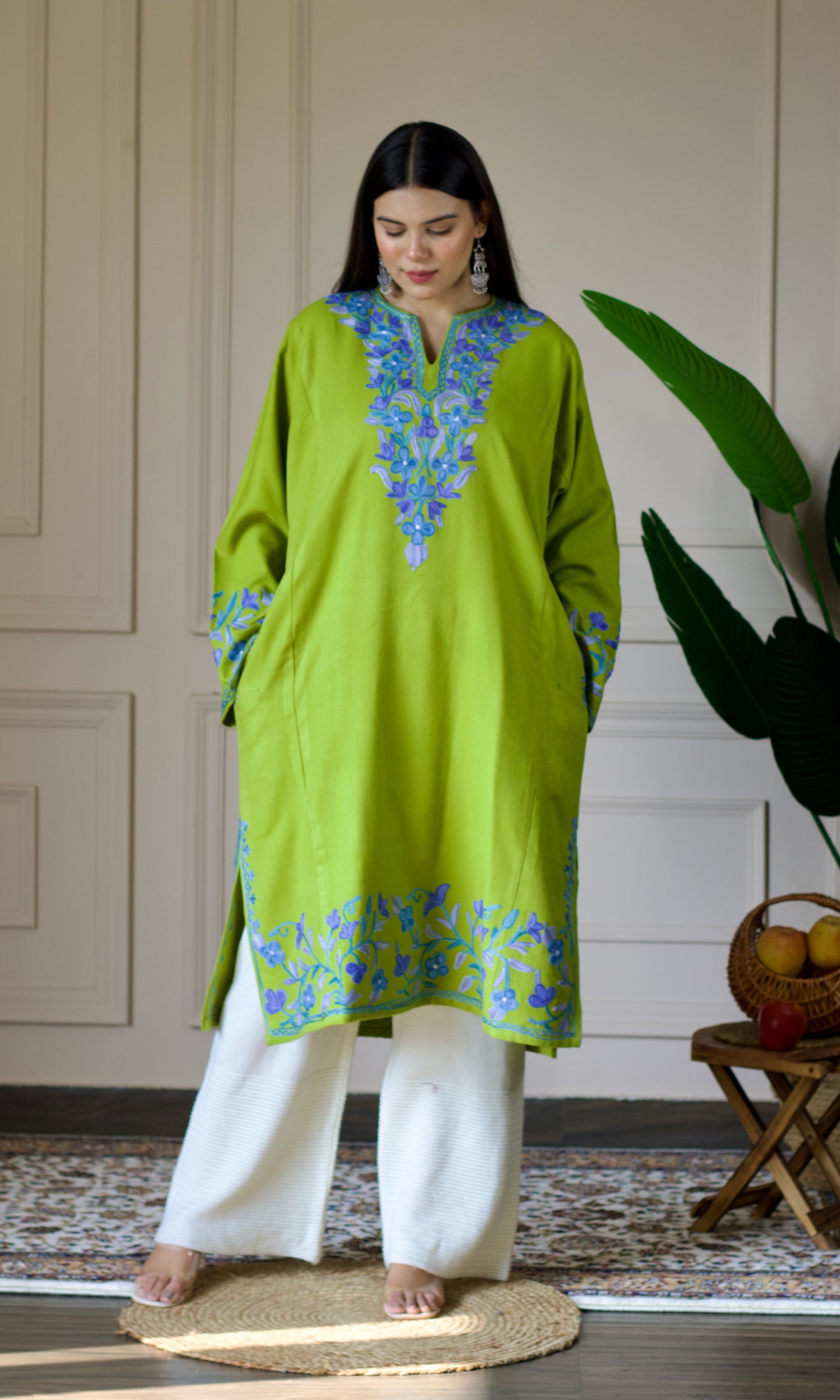 Lime Bloom Blue Aari Embroidered Fine Cashmilon Pheran