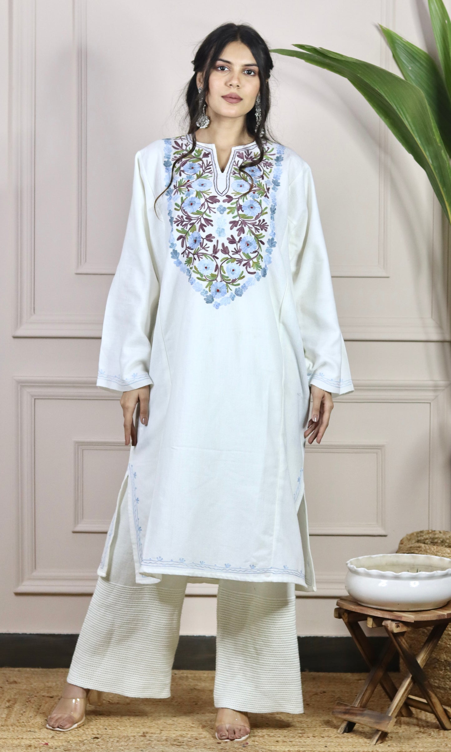 Sapphire Sky White Aari Embroidered Fine Cashmilon Pheran