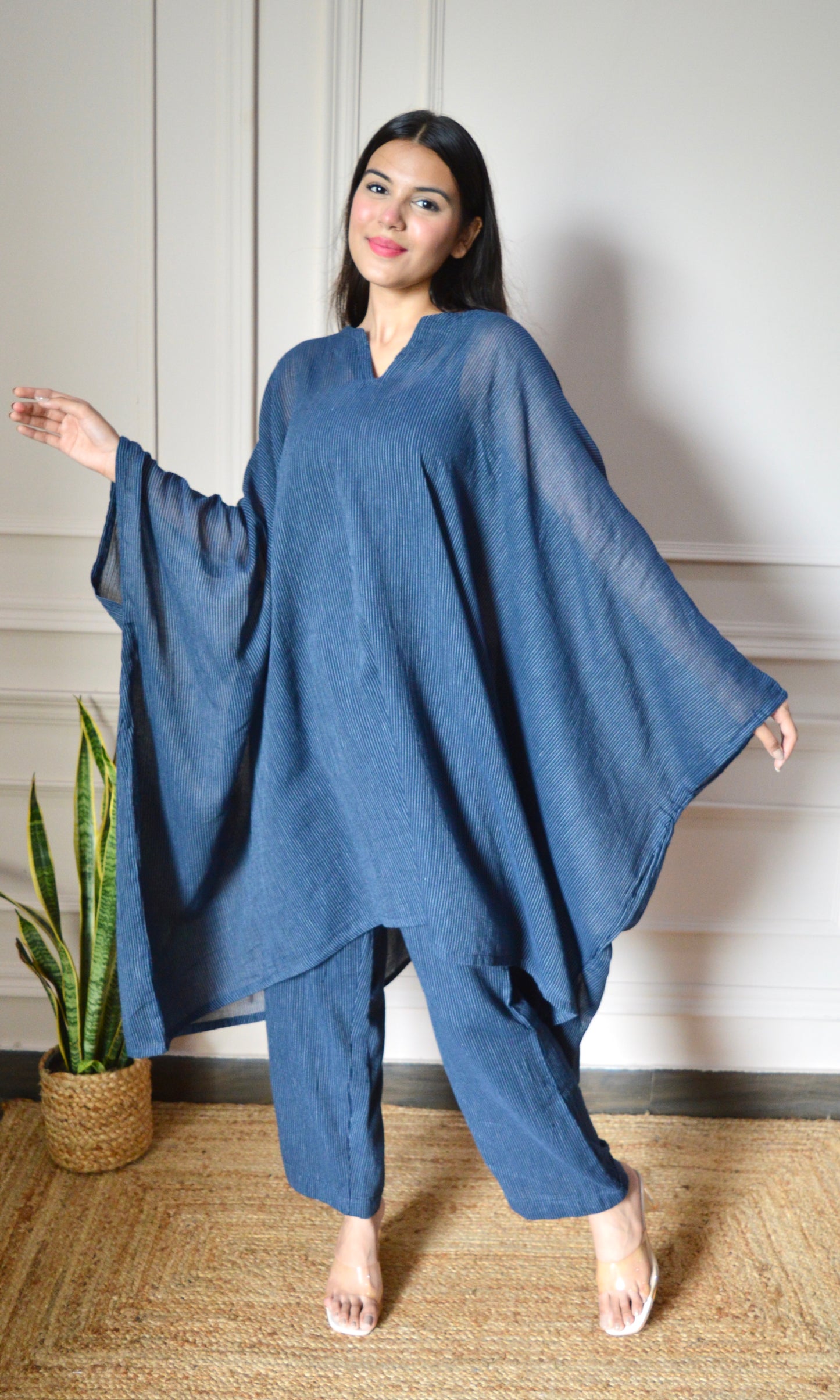 Navy Blue Lining Kaftan Kurta with Pants