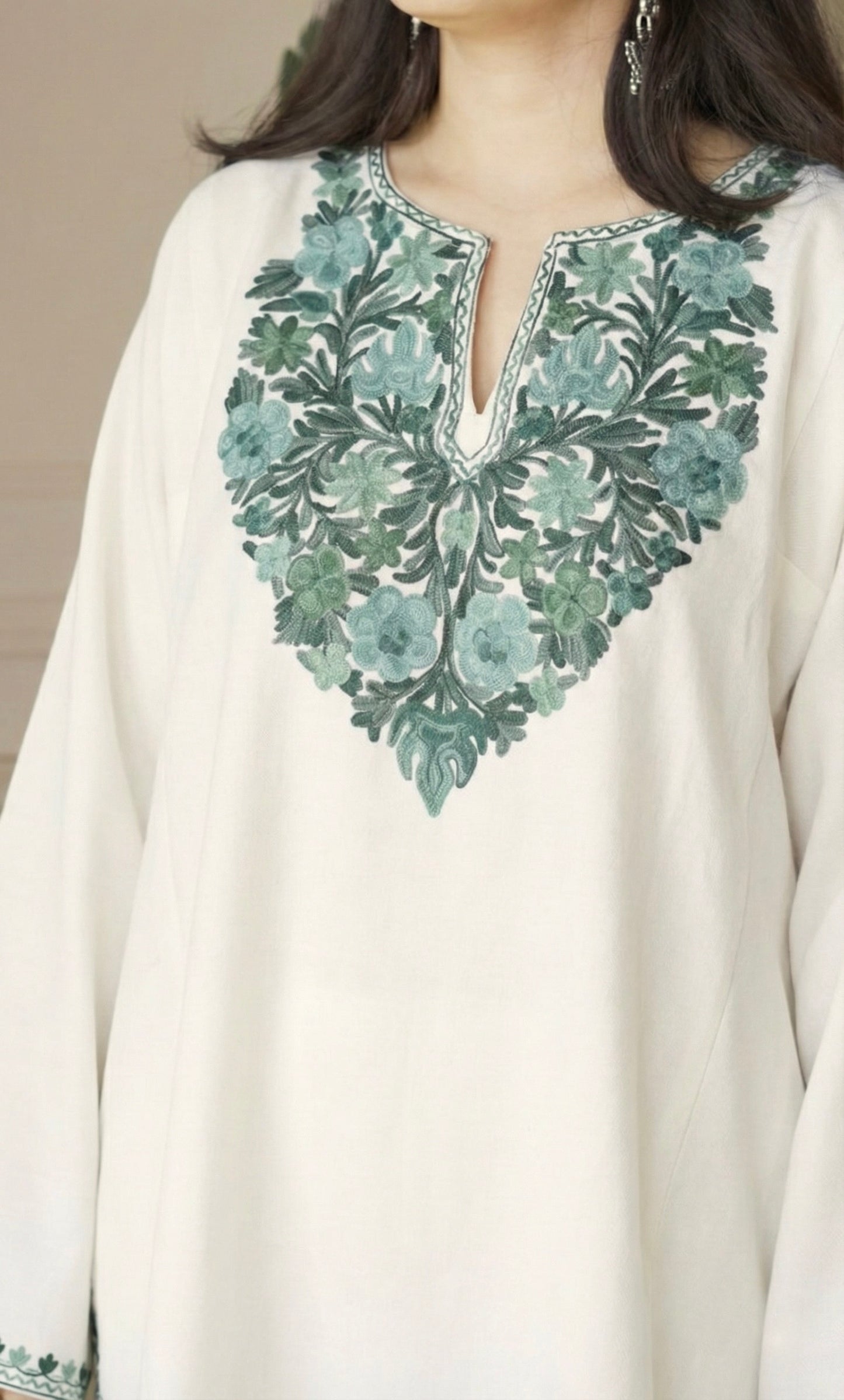 Off White Mint Aari Embroidered Fine Cashmilon Pheran