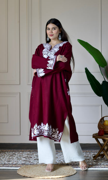 Deep Wine Cashmilon Pheran with White Aari Embroidery