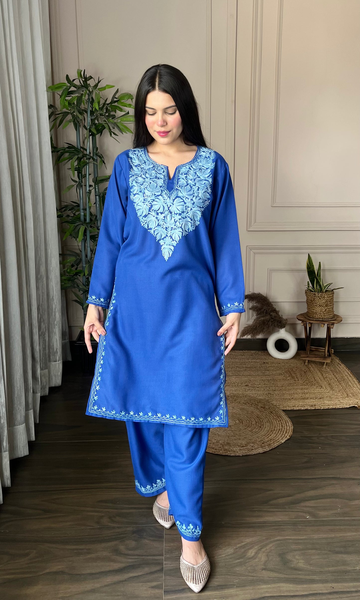 Blue Aari Embroidered Cotton Co-ord Set